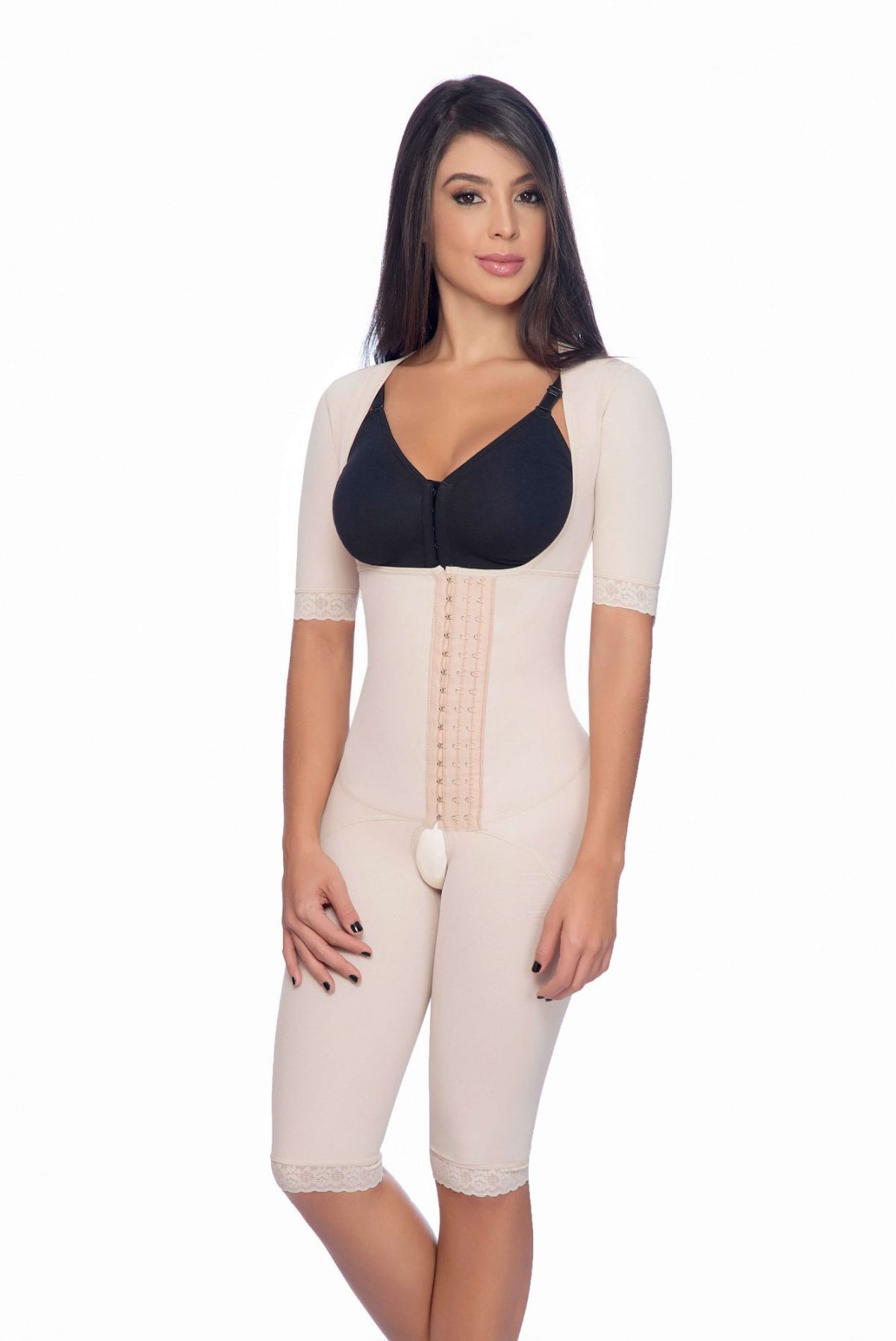 BRALESS FULL BODY ABOVE THE KNEE FAJA WITH SLEEVES AND HOOK CLOSURE